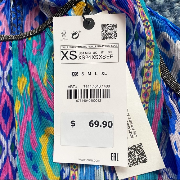 💙 ZARA BOHO BLUE MULTI ABSTRACT COLD SHOULDER LOOSE FIT CROPPED TOP! - Picture 12 of 16